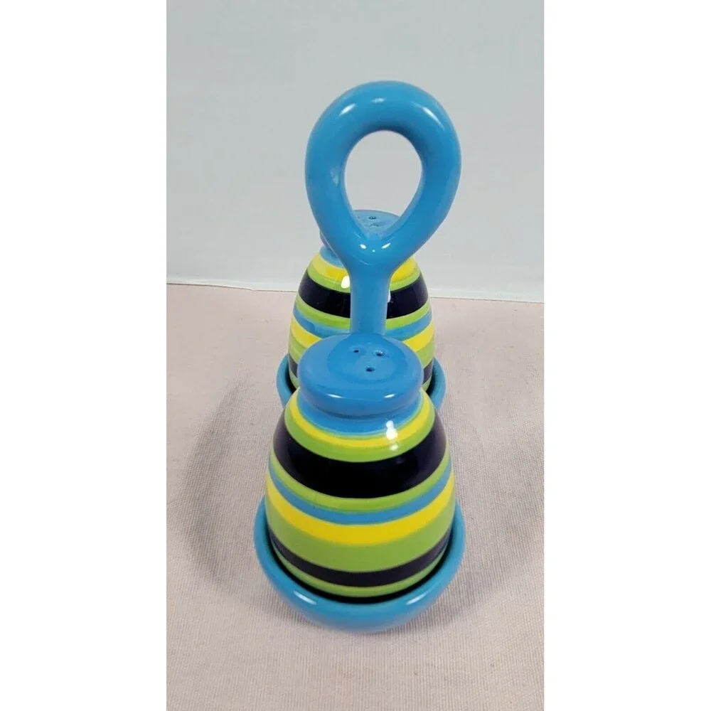 Ceramic Salt & Pepper Shakers with Holder- Blue green yellow multicolor